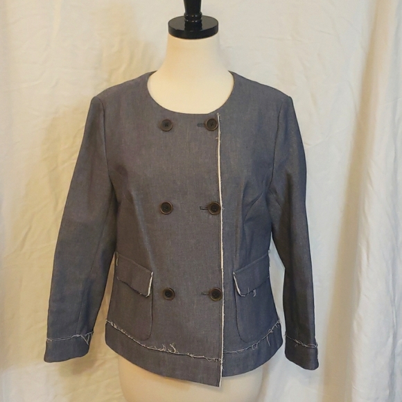 TOMMY HILFIGER DISTRESSED UNFINISHED EXPOSED RAW HEM BLUE JEAN JACKET BLAZER 8 - Picture 1 of 11